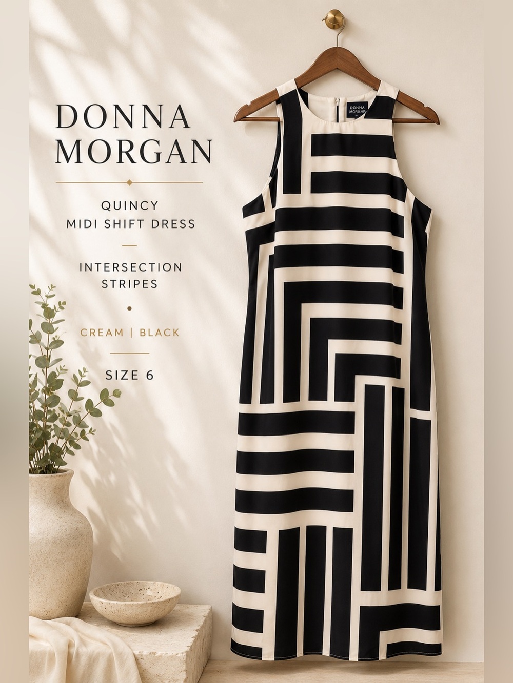 Donna Morgan Quincy Midi Shift Dress Cream Black Intersection Stripes Size 6